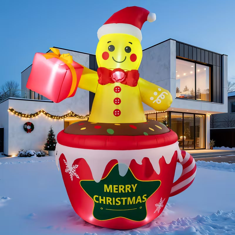 7.2 FT Christmas Inflatable Gingerbread Man in Hot Cocoa Mug – Outdoor Lighted Holiday Lawn Decoration
