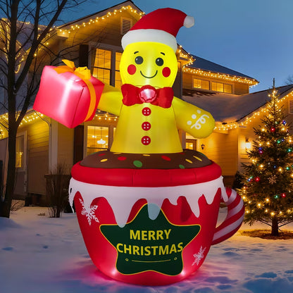 7.2 FT Christmas Inflatable Gingerbread Man in Hot Cocoa Mug – Outdoor Lighted Holiday Lawn Decoration