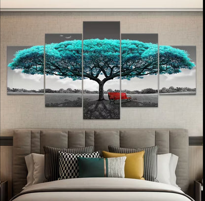 5-Piece Green Happiness Tree Canvas Wall Art – Modular Five-Panel Modern Painting for Living Room, Bedroom, Kitchen & Dorm | Waterproof, Odorless, Ideal Gift for Family & Friends
