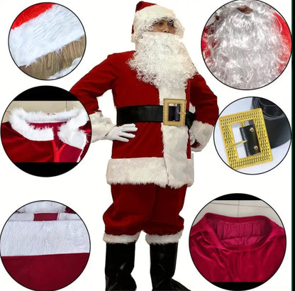 10pcs Adult One Size Burgundy Velour Santa Claus Costume with White Faux Fur Trim & full suit - Suitable for Christmas, New Year's Eve Parties, Cosplay - One-Fits-All Zipper Santa Suit (10pcs Outfit)