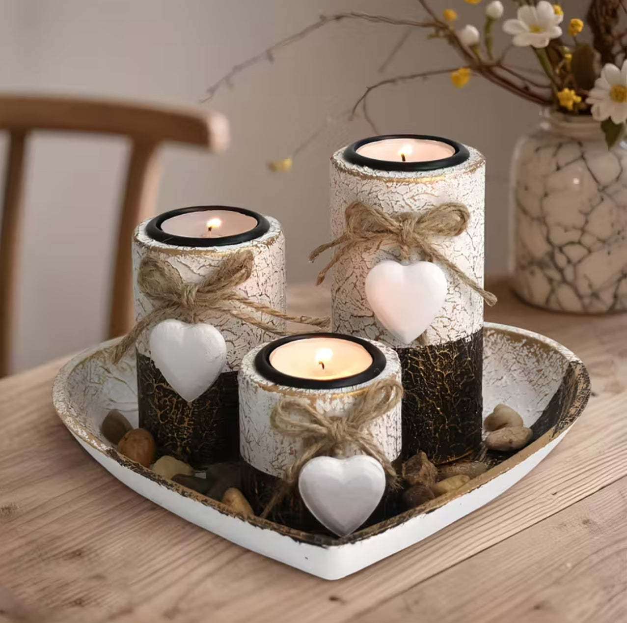 4pcs Wooden Heart Candlestick Set – Rustic Heart Candle Holders with Tea Light Stand, Rope Bow & Decorative Stones | Romantic Home Decor for Christmas & Valentine’s Day