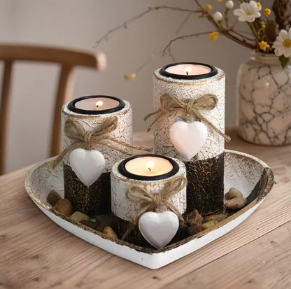 4pcs Wooden Heart Candlestick Set – Rustic Heart Candle Holders with Tea Light Stand, Rope Bow & Decorative Stones | Romantic Home Decor for Christmas & Valentine’s Day