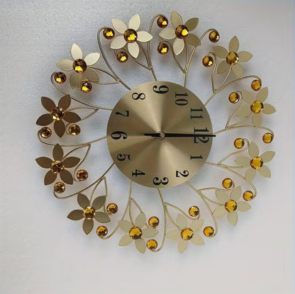 14-Inch Modern Silent Wall Clock – Metallic Round Flower Design with Crystals | Quiet Non-Ticking Luxury Wall Clock for Living Room, Bedroom & Home Decor