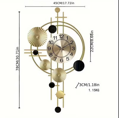 Modern 3D Metal Wall Clock – Large Decorative Artistic Clock for Living Room & Bedroom | Silent Non-Ticking, Golden Accents, Geometric Design, 30.7 x 17.7 Inches, Battery Operated