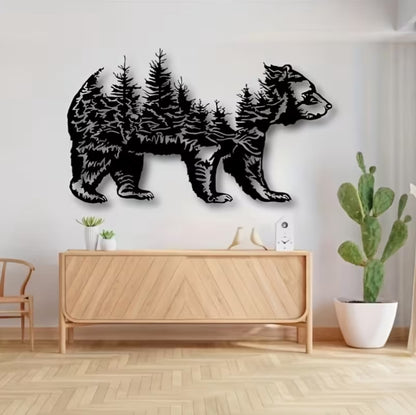 24” Metal Wall Art – Bear & Forest Sculpture | Large Black Wall Decor for Living Room, Bedroom, Kitchen & Office | Indoor & Outdoor Hanging Metal Art (24” x 13”)