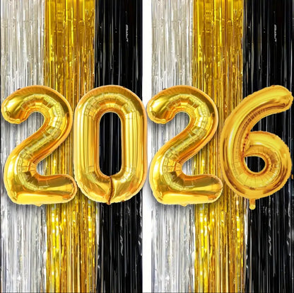 9pcs 2026 New Year Balloon Bundle - Golden & Black Number Ballofs (0-9) with Large 2026 Number 10 for Party Decorations, Christmas, NYE Celebrations