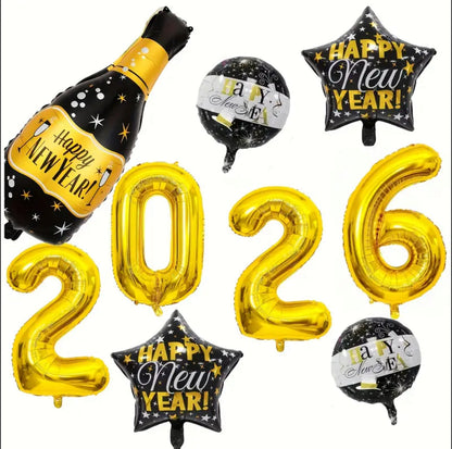 9pcs 2026 New Year Balloon Bundle - Golden & Black Number Ballofs (0-9) with Large 2026 Number 10 for Party Decorations, Christmas, NYE Celebrations