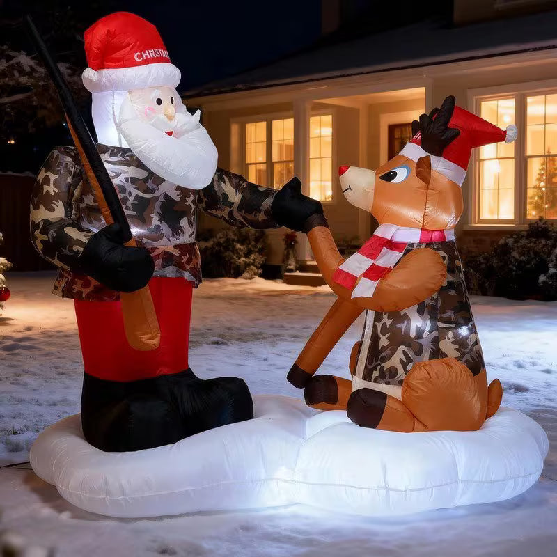 Camouflage Santa with Deer LED Inflatable – Self-Standing Outdoor/Indoor Christmas Yard Decoration