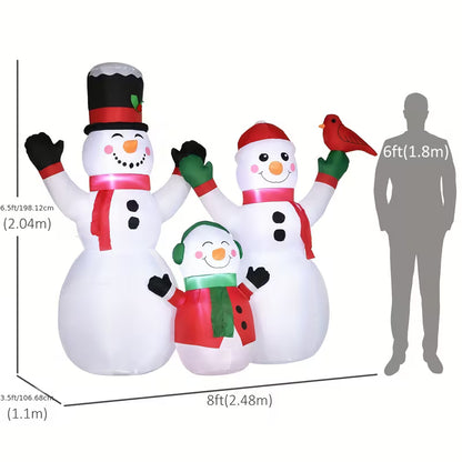 HOMCOM Inflatable Christmas Snowman Family with LED Lights, Santa Hat & Cardinal Bird – Outdoor Holiday Yard Decoration