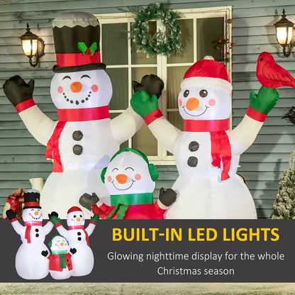 HOMCOM Inflatable Christmas Snowman Family with LED Lights, Santa Hat & Cardinal Bird – Outdoor Holiday Yard Decoration